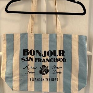 Sezane Striped Blue and Cream Tote Bag “Bonjour San Francisco”